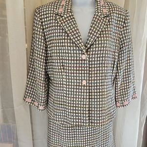 Ladies Blazer Skirt Set White Pink Checkered Wool, Silk Lined Buttons Sz 10
